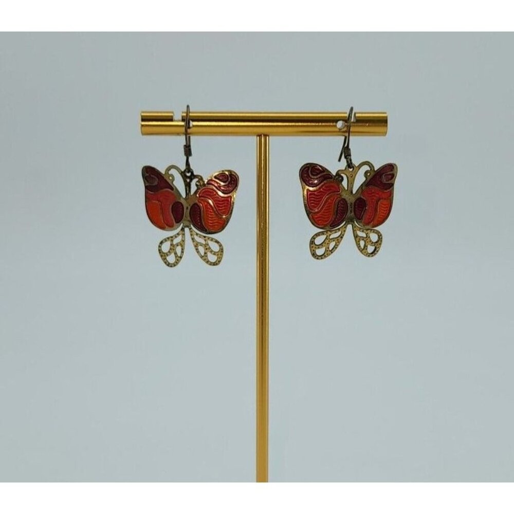 Vintage Unbranded Orange Enamel Thin‎ Metal Butterfly Dangle Earrings